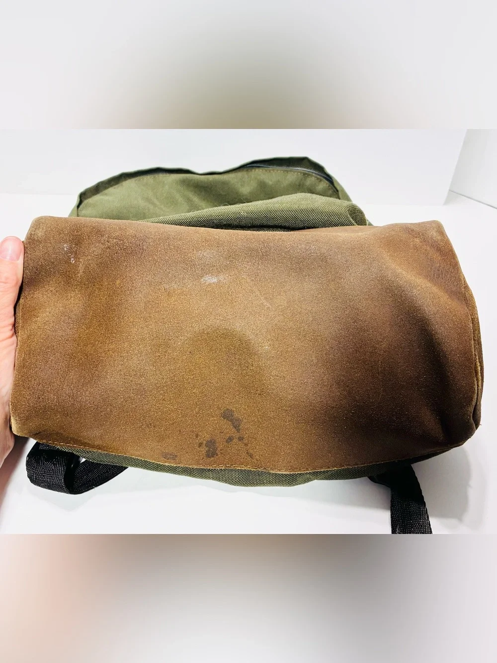 VTG 90s Eastpak USA MADE Leather Bottom 17” Backpack Olive Green Canvas Unisex